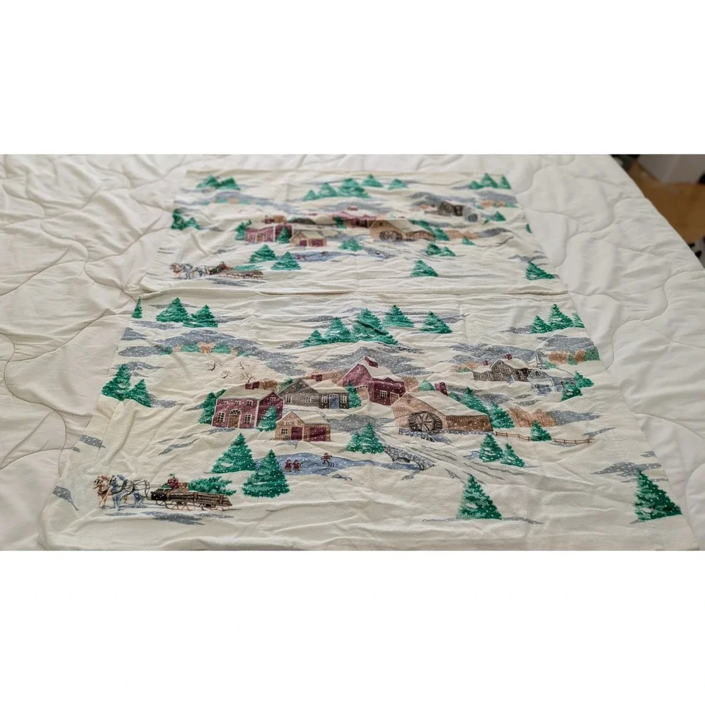 Vintage Winter Village Flannel Pillowcase Set Christmas Snowy Sleigh Farmhouse